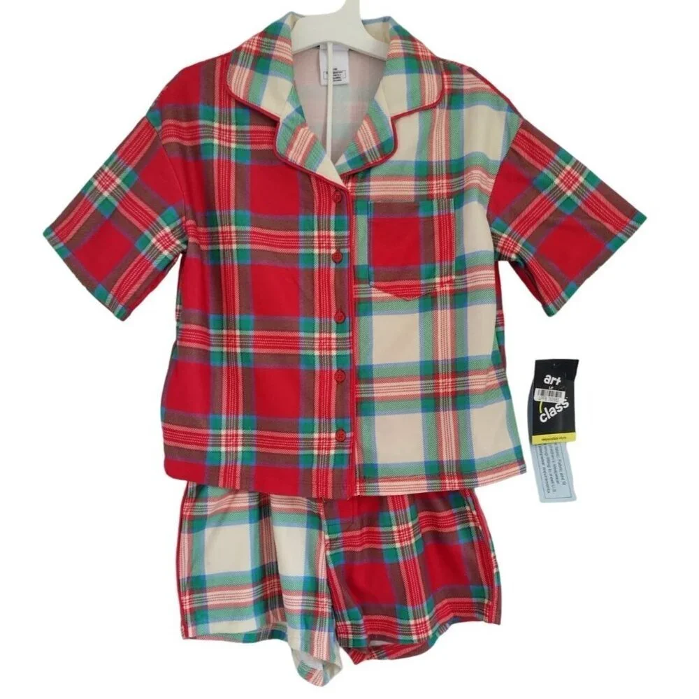 Art Class unisex Plaid Pyjama Set, Flame Resistant, Red & Green Size M (8), NWT